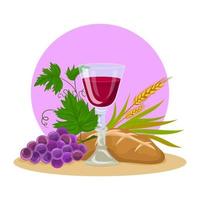 cálice, pão e vinho, uvas e espigas de trigo, primeira comunhão vetor