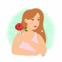 jovem posando com flor rosa, feliz dia da mulher vetor