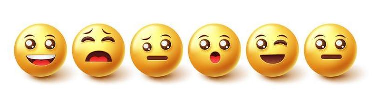 conjunto de vetores de caracteres emojis. emoji emoticons na coleção 3d com personagens de emoticons fofos, felizes e sorridentes para design gráfico de humor e expressão de rosto. ilustração vetorial.