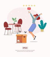 pedido de ilustração plana on-line com personagem, ilustração de caixa, planta e sofá vetor