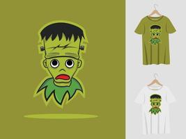 design de mascote de halloween frankenstein com t-shirt. ilustração fofa de frankenstein para festa de halloween e impressão de camiseta vetor