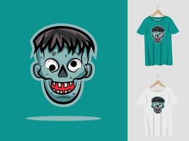 design de mascote de halloween de zumbis com camiseta. ilustração de cabeça de zumbis para festa de halloween e impressão de camiseta vetor