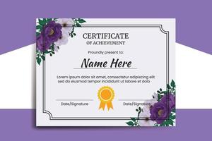 modelo de certificado de flor de peônia roxa aquarela digital desenhado à mão vetor