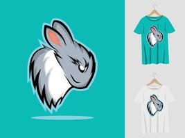 design de mascote de logotipo de coelho com camiseta. ilustração de cabeça de coelho para equipe esportiva e camiseta de impressão vetor