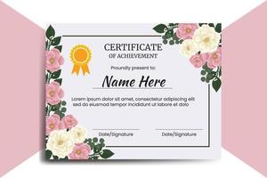 modelo de certificado rosa mini rosa flor aquarela digital desenhado à mão vetor