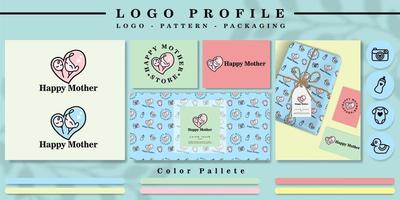 logotipo de amor de bebê fofo para branding com padrão de berçário com maquete e ícone vetor