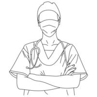 ilustração de linha desenhando um belo jovem cirurgião ou enfermeira médica posando vestindo uniforme uniforme com braços cruzados ou cruzados e um estetoscópio. um retrato de uma médica com um estetoscópio vetor