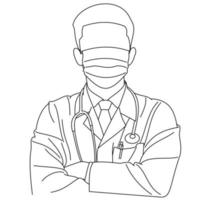 ilustração de linha desenhando um jovem cirurgião bonito ou médico posando vestindo uniforme uniforme com braços cruzados ou cruzados e um estetoscópio. um retrato de um médico do sexo masculino com um estetoscópio vetor