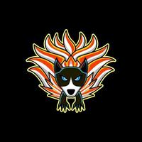 raposa de cauda em fundo preto, design de logotipo de vetor de desenho animado editável