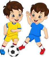 crianças dos desenhos animados jogando bola de futebol vetor