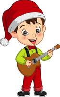 desenho animado garotinho vestindo fantasia de natal tocando violão vetor