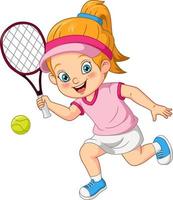 desenho animado garota engraçada jogando tênis vetor
