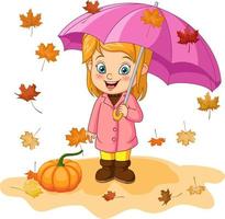 menina dos desenhos animados em roupas de outono com guarda-chuva vetor