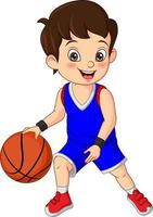 desenho animado menino bonitinho jogando basquete vetor