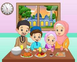família muçulmana feliz dos desenhos animados comemorando na festa iftar vetor