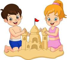 desenho animado menino e menina fazendo castelos de areia na praia vetor
