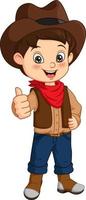 menino de cowboy feliz dos desenhos animados dando polegares para cima