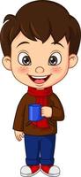desenho animado garotinho em roupas de outono, segurando o copo vetor