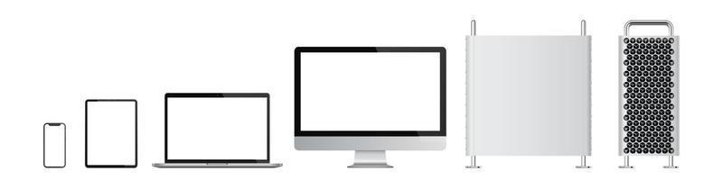 conjunto realista de computador, monitor, laptop, tablet, smartphone. ilustração vetorial vetor