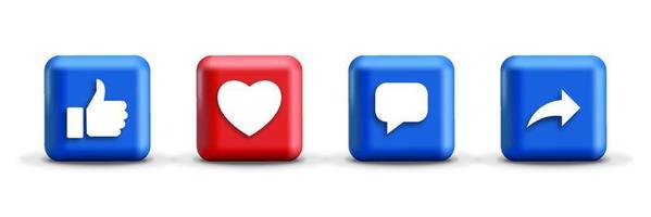 como botões de compartilhamento de comentários de amor em ícones de notificação de mídia social quadrados modernos 3d vetor premium