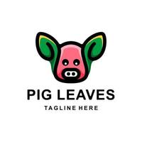 design de logotipo combinação de vetor de personagem de desenho animado folhas e porco