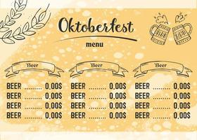 oktoberfest 2022 - festival da cerveja. elementos de doodle desenhados à mão. feriado tradicional alemão. outubro, cerveja artesanal. losango azul-branco. menu de cerveja horizontal. vetor