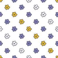 padrão sem emenda. estilo doodle desenhado à mão. natureza, animais e elementos. ilustração vetorial. flores violetas, amarelas e brancas em um fundo branco. vetor