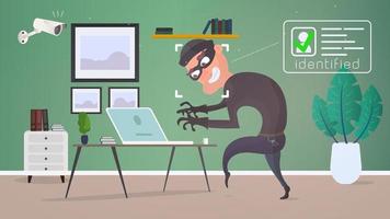 ladrão na casa. a câmera de vigilância identificou o ladrão. um ladrão rouba dados de um laptop. o conceito de segurança e proteção. ilustração vetorial de estilo simples. vetor