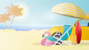 ilustração em vetor de uma praia. palmeiras, uma espreguiçadeira, um guarda-chuva, uma mala amarela para turismo, um carro amarelo, uma prancha de surf vermelha.