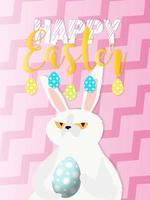feliz páscoa bandeira rosa. cartaz legal. um coelho branco com um olhar sério engraçado segura um ovo de páscoa em suas patas. ilustração vetorial vetor
