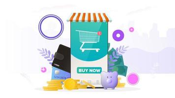 telefone com aplicativo de loja online. botão de compra. cesta de compras, novo pedido. conceito de compras e pagamento online. vetor. vetor