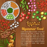 elementos de ingredientes alimentares nacionais da asean definir banner em fundo de madeira, myanmar vetor