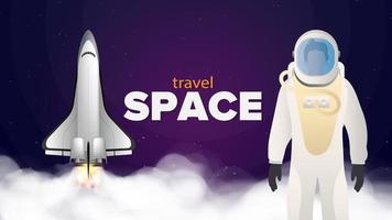 viajar para o espaço. o astronauta em um traje de proteção. banner roxo sobre o tema do voo espacial. nave espacial. lutador. o booster decola. vetor. vetor