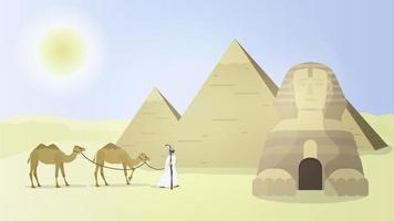 um pastor conduz camelos pelo deserto. pirâmides egípcias, esfinge. vetor.