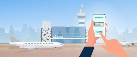 comprar um bilhete através de um smartphone. compra de ingressos online. aeroporto moderno. pista. avião na pista. aeroporto em um estilo simples. silhueta da cidade. ilustração vetorial vetor