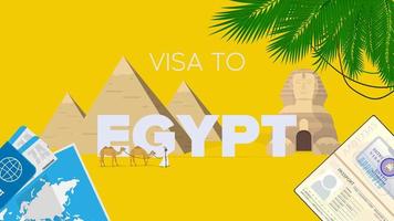 bandeira amarela do visto egito. passaporte, passagens aéreas, mapa-múndi, visto egípcio, caravana de camelos, pirâmides egípcias e esfinge. cartaz de vetor. vetor
