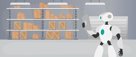 robô no armazém de produção. o robô está segurando um tablet. conceito futurista de entrega, transporte e carregamento de mercadorias. grande armazém com gavetas e paletes. vetor. vetor