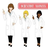 definir mulher cientista bonita apontando para cima com cara séria. equipe médica feminina. vetor