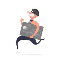 o ladrão foge com um cartão de crédito. o criminoso está correndo com um cartão de banco. ilustração do estilo dos desenhos animados. bom para tópicos de segurança, roubo e fraude. isolado. vetor. vetor