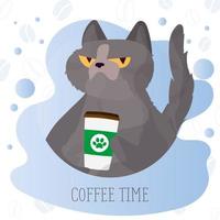 cartão postal de hora do café de vetor. gato com um olhar sonolento segurando uma xícara de café de papel. vetor
