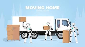movendo banner para casa. mudar para um novo lugar. um robô branco segura uma caixa. caixas de papelão. o conceito de futuro, entrega e carregamento de mercadorias por meio de robôs. vetor. vetor