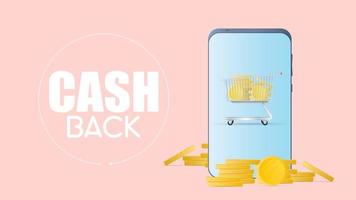 cashback e economia no conceito de compras. smartphone com moedas de ouro. telefone e montanha de moedas. vetor de dinheiro de moedas de ouro.