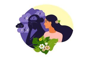 psicoterapia ou conceito de suporte de psicologia. dois diferentes estados de consciência da mulher - depressão e humor positivo para a saúde mental. ilustração vetorial. plano vetor