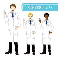 definir homem cientista bonito apontando para cima com cara de feliz. equipe médica masculina. vetor