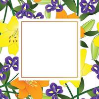 cartão de banner de flor de lírio laranja amarelo e íris azul vetor