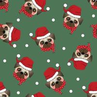 cachorro pug papai noel com lenço vermelho sobre fundo verde vetor