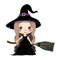bruxa de halloween voando com vassoura e chapéu. mulher jovem e bonita no vetor boomstick.