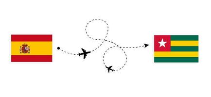 voo e viagem da espanha para o togo pelo conceito de viagens de avião de passageiros vetor