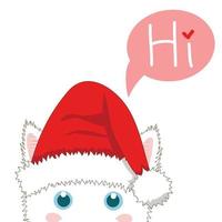 gato branco com chapéu de Papai Noel se esgueirando. cartão dia de natal. ilustração vetorial. vetor