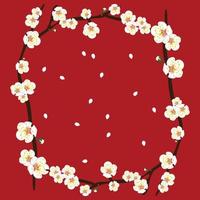 borda de flor de flor de ameixa branca em fundo vermelho2 vetor